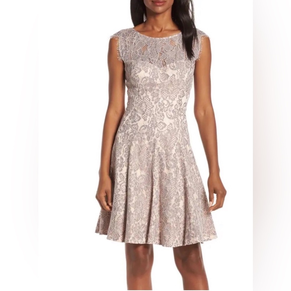 ELIZA J lilac and cream lace overlay cocktail dress, fit and flare. Size 4